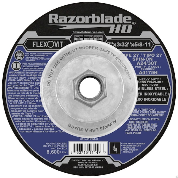 Flexovit Razorblade 27 Razorblade 27 Heavy Duty Cut-Off Wheel, 7 in Dia x 3/32 in THK, A24/30T Grit, Aluminum A4175H - main